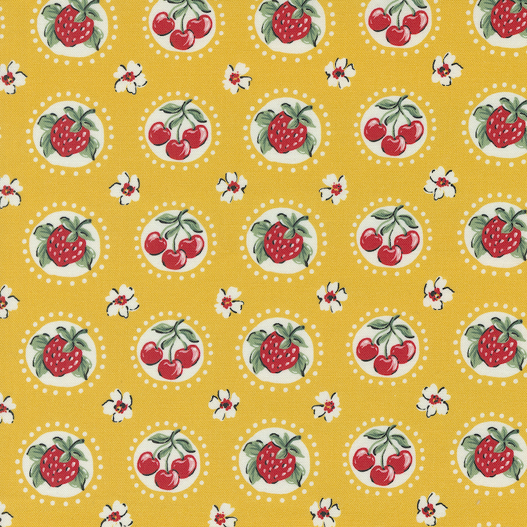 Quilting Fabric - Strawberries and Cherries in Circles on Yellow from Julia by Crystal Manning for Moda 11924 21