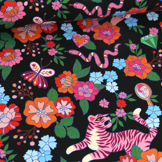 Cotton Summer Sweat Fabric with Colourful Flowers and Tigers on Black