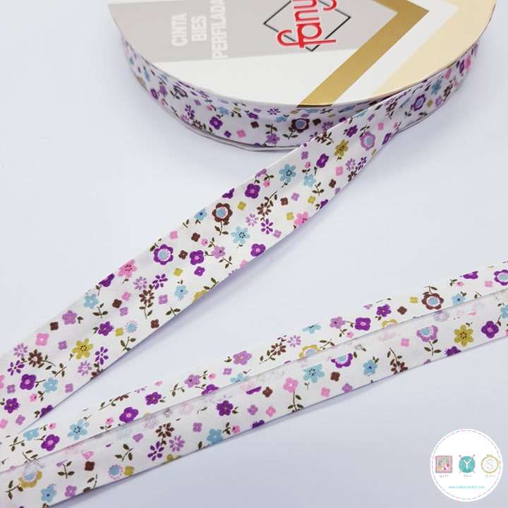 Bias Binding Floral Purple on White Col 69 - 18mm Wide by Fany