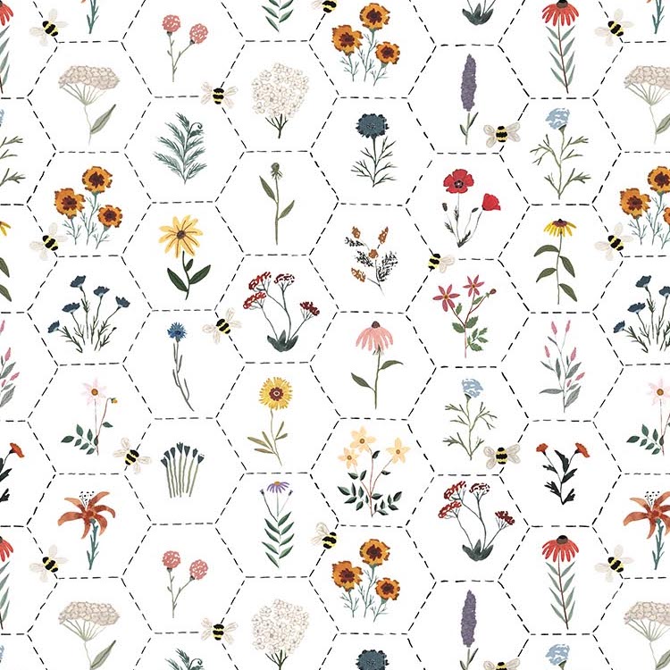 Quilting Fabric - Wildflowers in Hexagons on White from Eden by Boccaccini Meadows for Figo 90730-10
