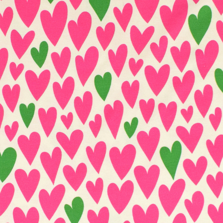 Cotton Summer Sweat Fabric with Pink & Green Hearts On Cream 