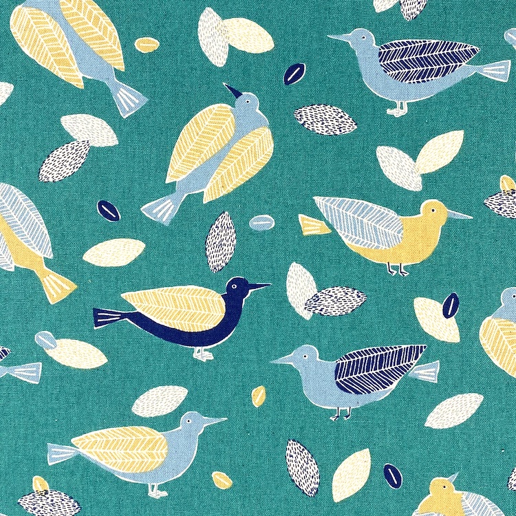 Cotton Linen Canvas Fabric with Birds on Green by Sevenberry