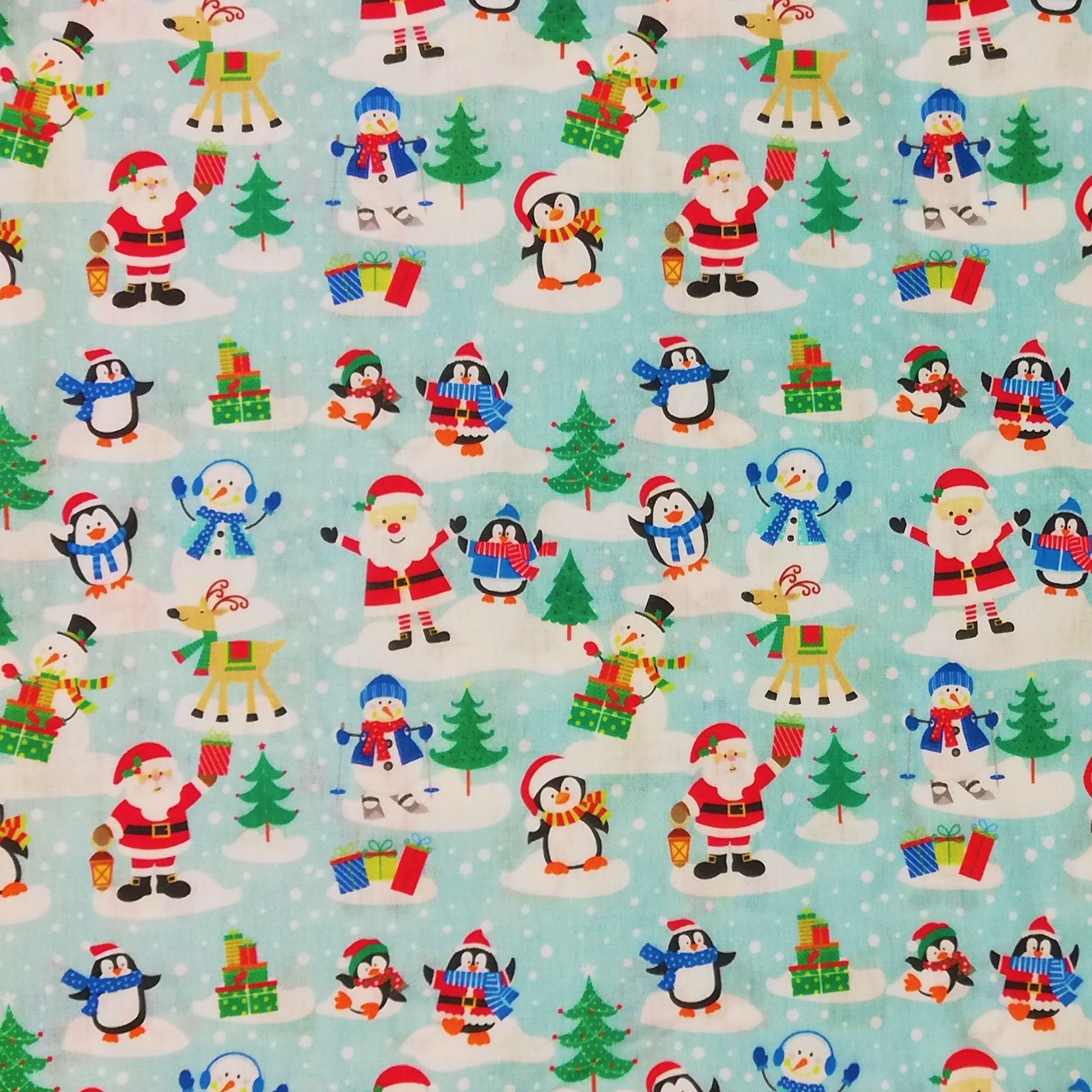 Cotton Poplin Fabric with Santa And Friends On Blue