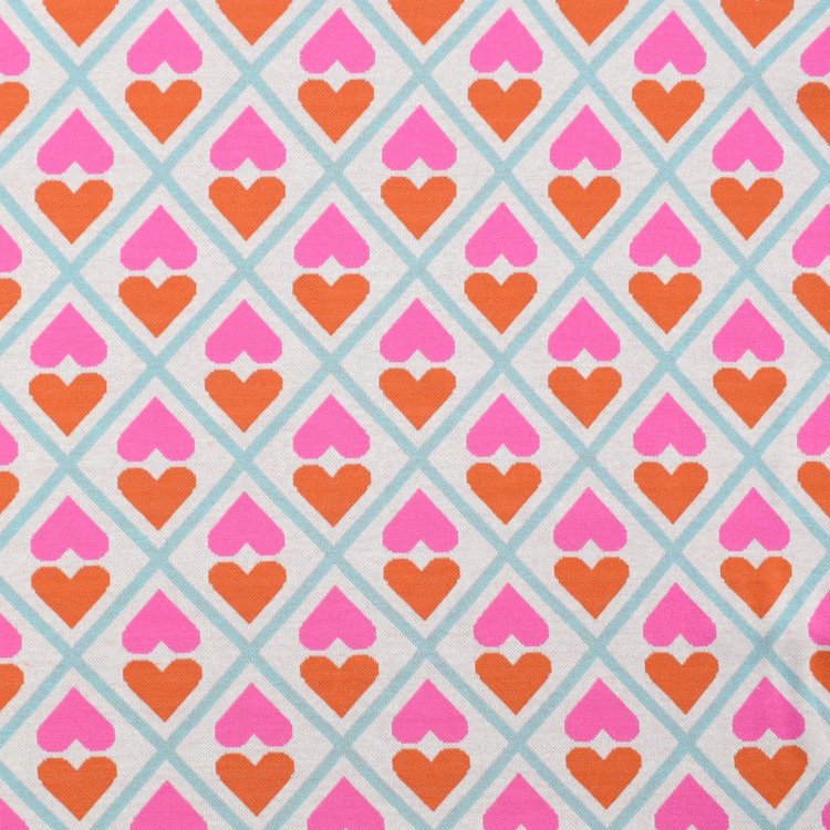Organic Cotton Jaquard Fabric with Geometric Pink & Mustard Heart Design on Ivory