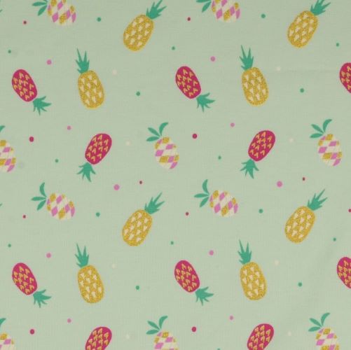 Jersey Fabric with Glittery Pineapples on Mint