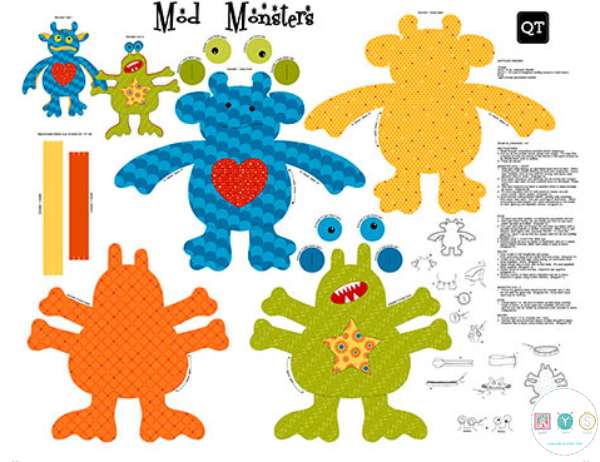 Quilting Fabric Panel - Mod Monsters Stuffables by Studio 8 for Quilting Treasures