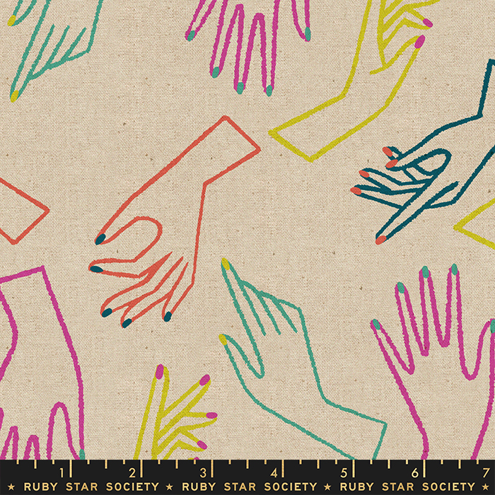 Cotton Canvas Fabric - with Colourful Hands on Natural from Adorn by Rashida Coleman Hale for Ruby Star Society RS1025 12L