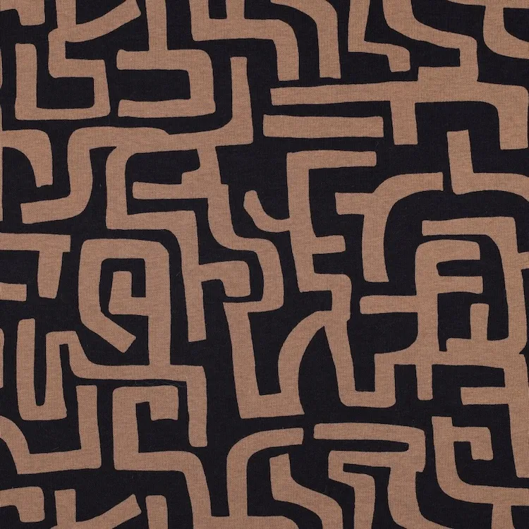 Brushed Cotton Sweatshirt Fabric with Brown Abstract Lines on Navy Blue