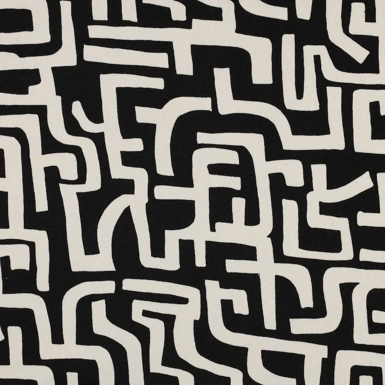 Brushed Cotton Sweatshirt Fabric with Off White Abstract Lines on Black