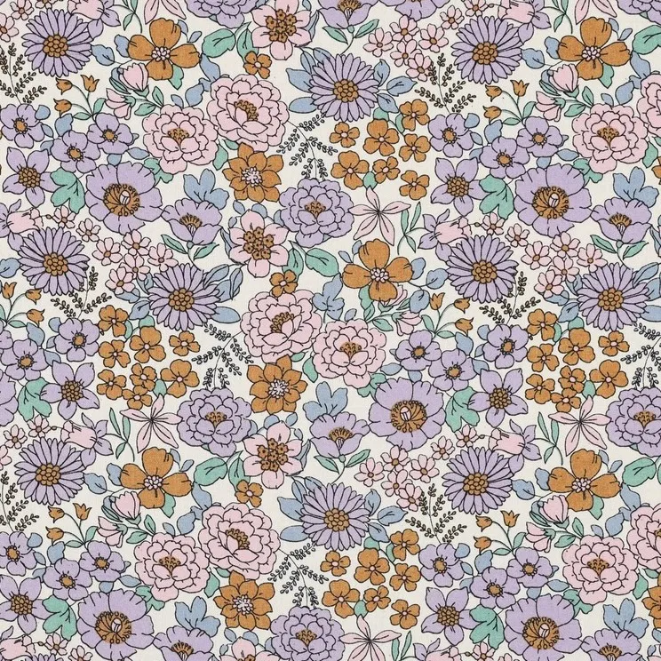 Cotton Poplin Fabric with Purple and Mustard Flowers on White