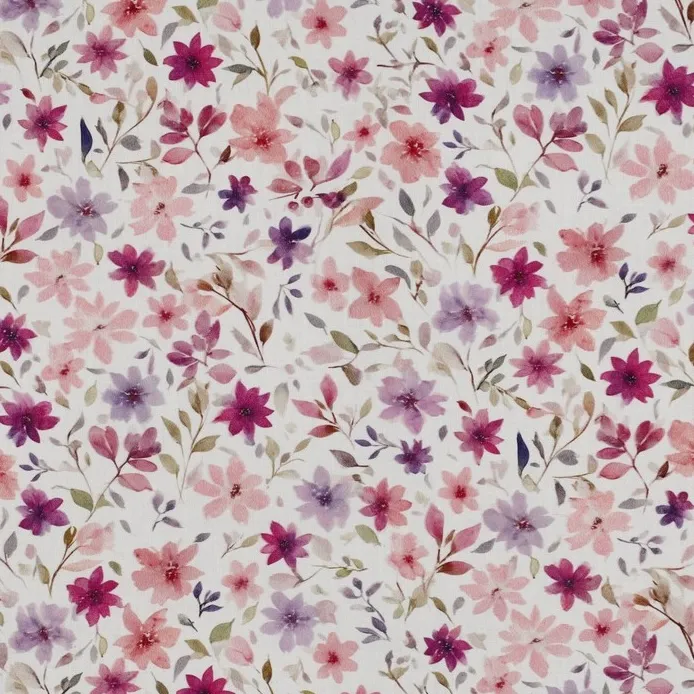 Cotton Poplin Fabric with Soft Floral on White 