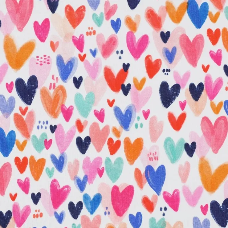 Cotton Jersey Fabric with Colourful Crayon Hearts on White