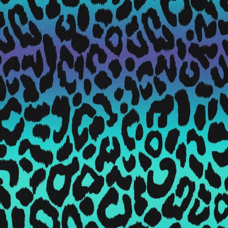 French Terry Cotton Fabric with Leopard Print on Ombre Greens and Blues