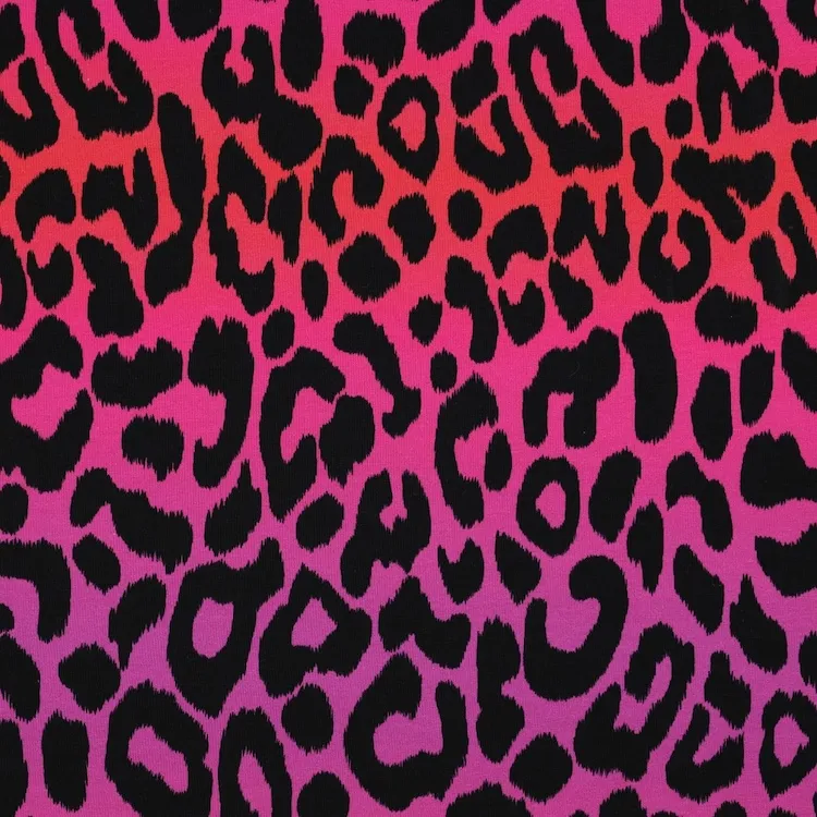 French Terry Cotton Fabric with Leopard Print on Ombre Pinks