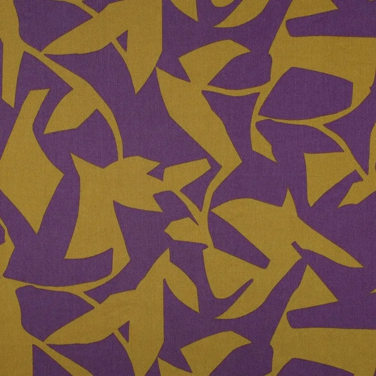 Cotton Satin Fabric with Abstract Pickle Green Leaves on Purple