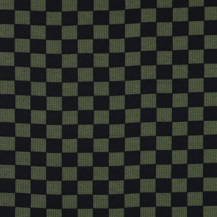 Cotton Waffle Jersey with an Army Green and Navy Blue Check