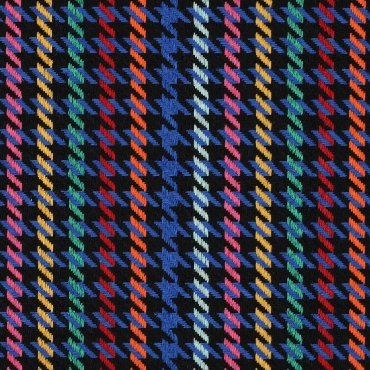 Cotton Blend Houndstooth Fabric with Colourful Stripes on Blue