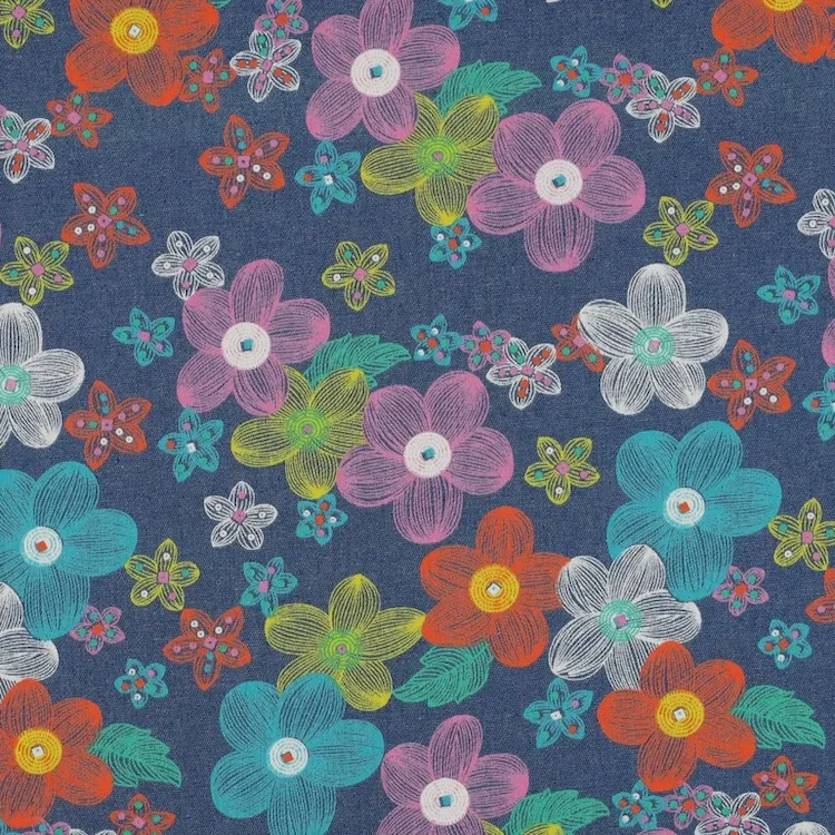 Lightweight Cotton Denim Fabric with Colour Flowers on Indigo Blue