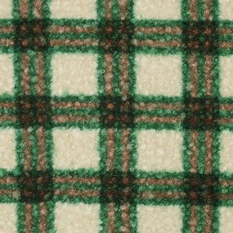Boucle Stretch Fabric with Plaid Checks Design in Greens on Cream