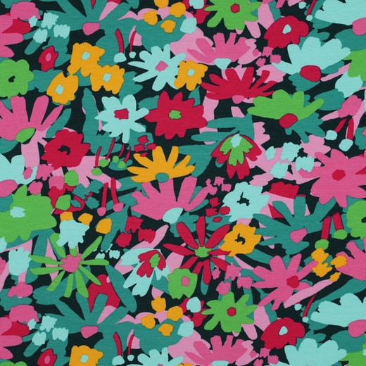 Organic Cotton Jersey Fabric with Flowers on Green - Pop Blossom by Nerida Hansen