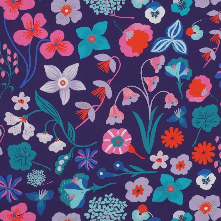Fine Cotton Poplin Fabrics with Modern Floral on Purple