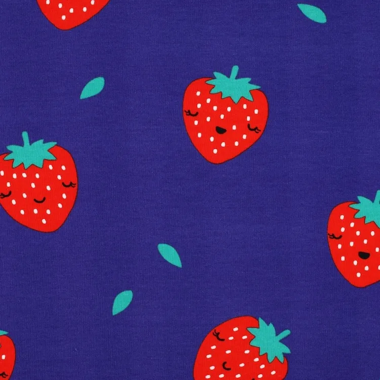 Soft Sweat Cotton Fabric with Large Strawberries on Cobalt Blue