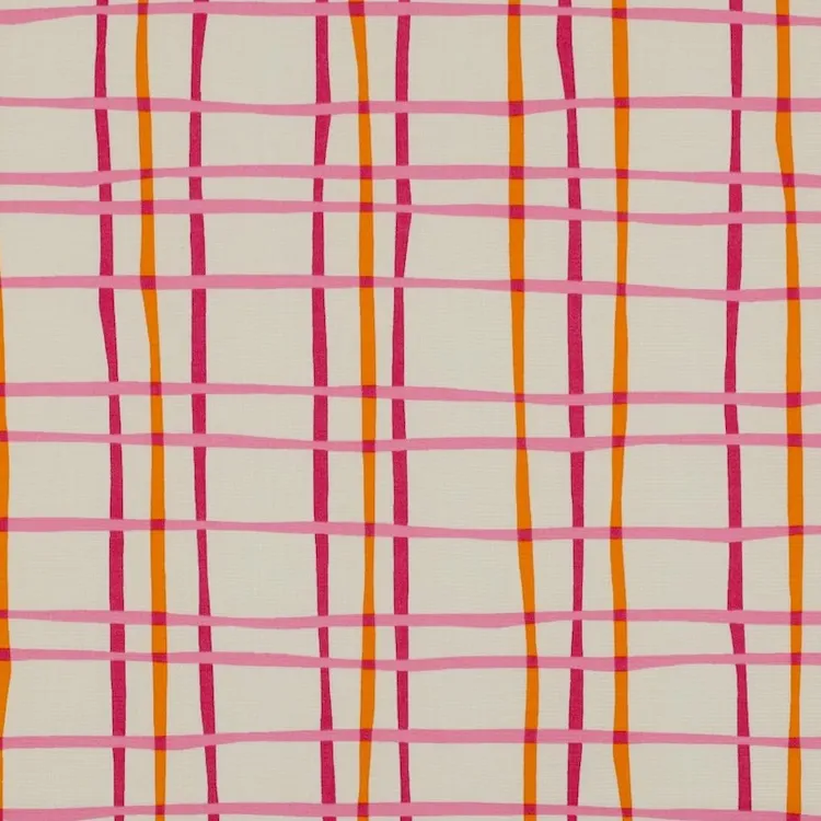 Cotton Poplin Fabric with a Pink Orange Plaid Design On Cream