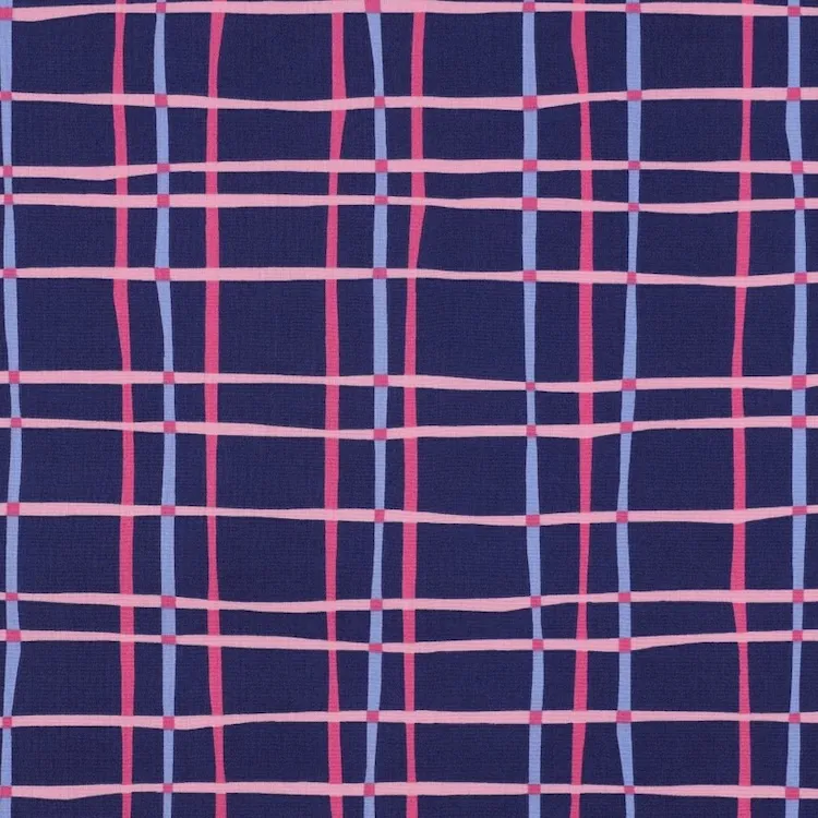 Cotton Poplin Fabric with a Pink Purple Plaid Design On Navy Blue