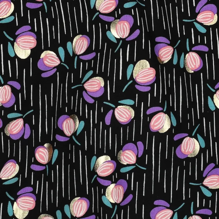 Viscose Fabric with Modern Floral on Black with Foil Accents