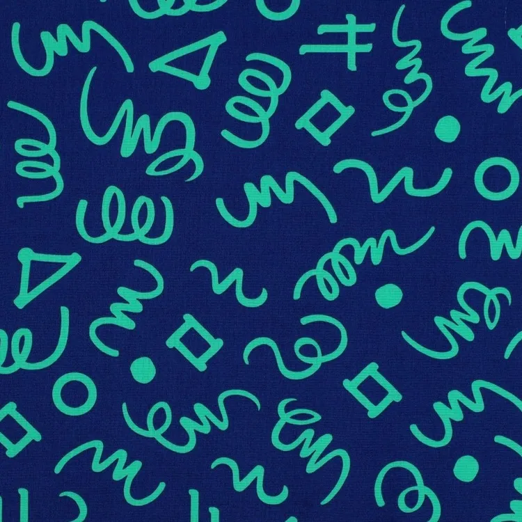 Cotton Poplin Fabric with Green Doodles on Blue