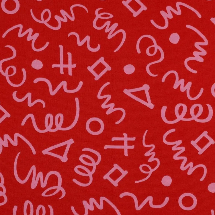 Cotton Poplin Fabric with Pink Doodles on Red