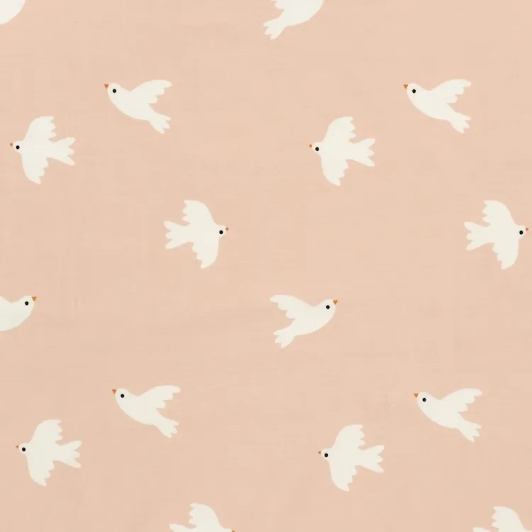 Cotton Jersey Fabric with Doves on Soft Pink 