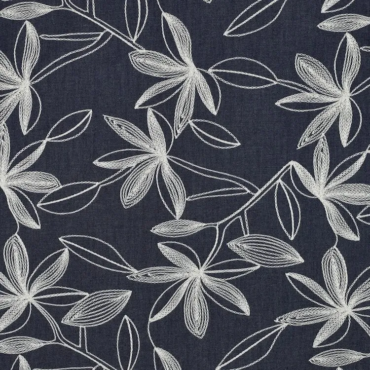 Denim Chambray Fabric with White Embroidered Flowers on Blue