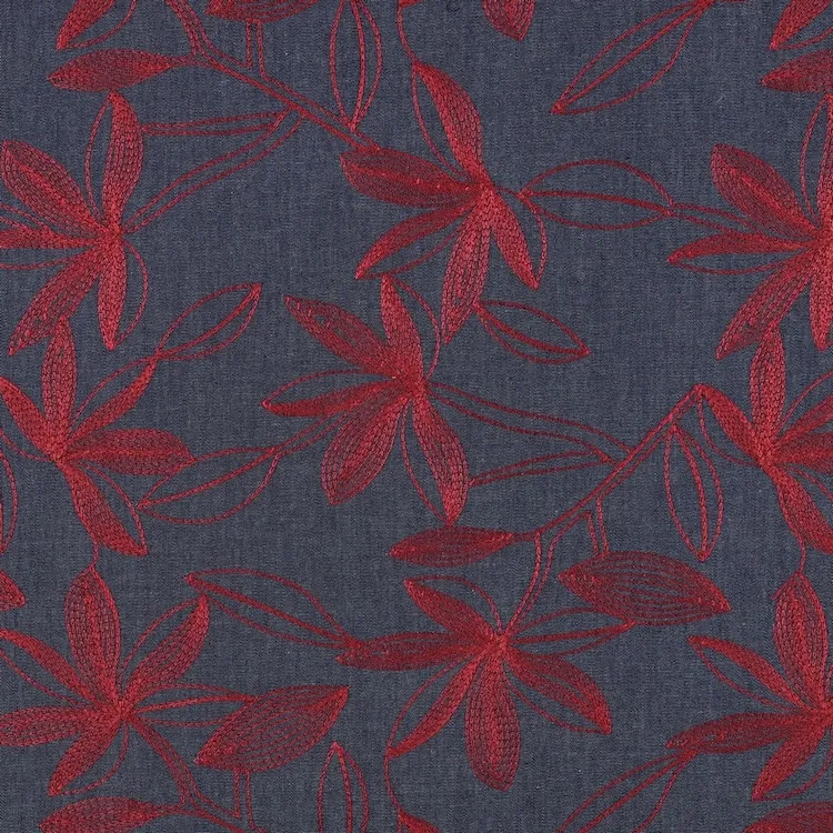 Denim Chambray Fabric with Burgundy Red Embroidered Flowers on Blue
