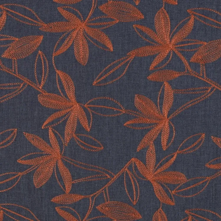 Denim Chambray Fabric with Golden Brown Embroidered Flowers on Blue