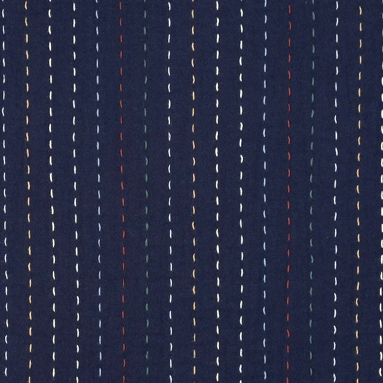 Double Gauze Cotton Fabric with Embroidered Stripes on Navy Blue