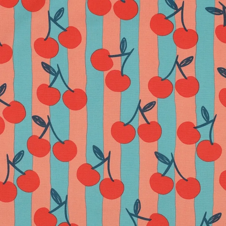 Cotton Poplin Fabric with Cherries on Sage Blue and Coral Stripes