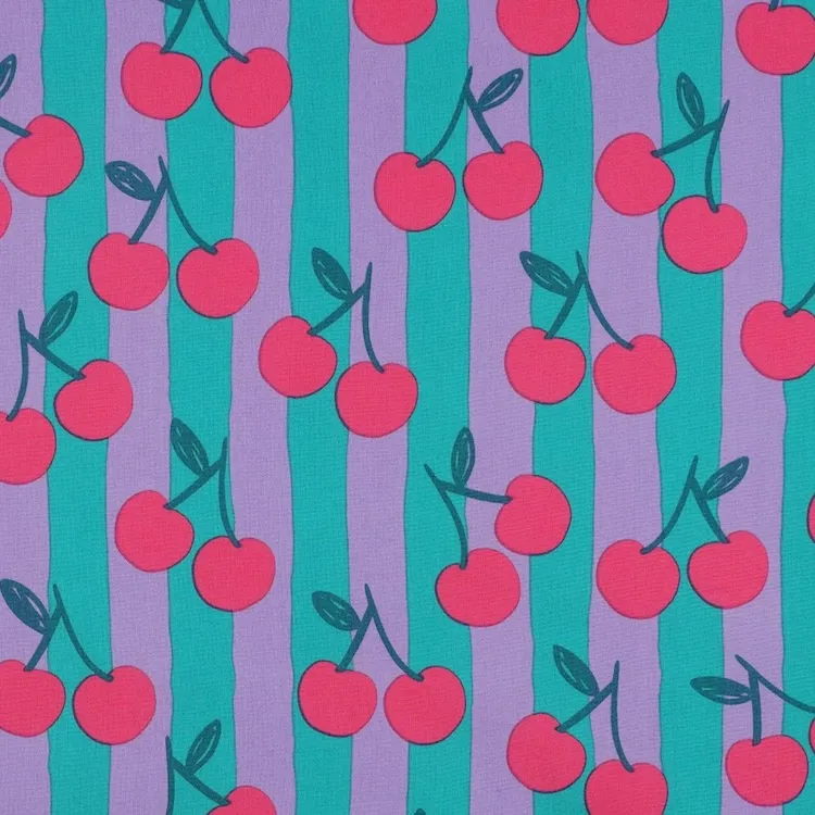 Cotton Poplin Fabric with Cherries on Jade Green and Purple Stripes