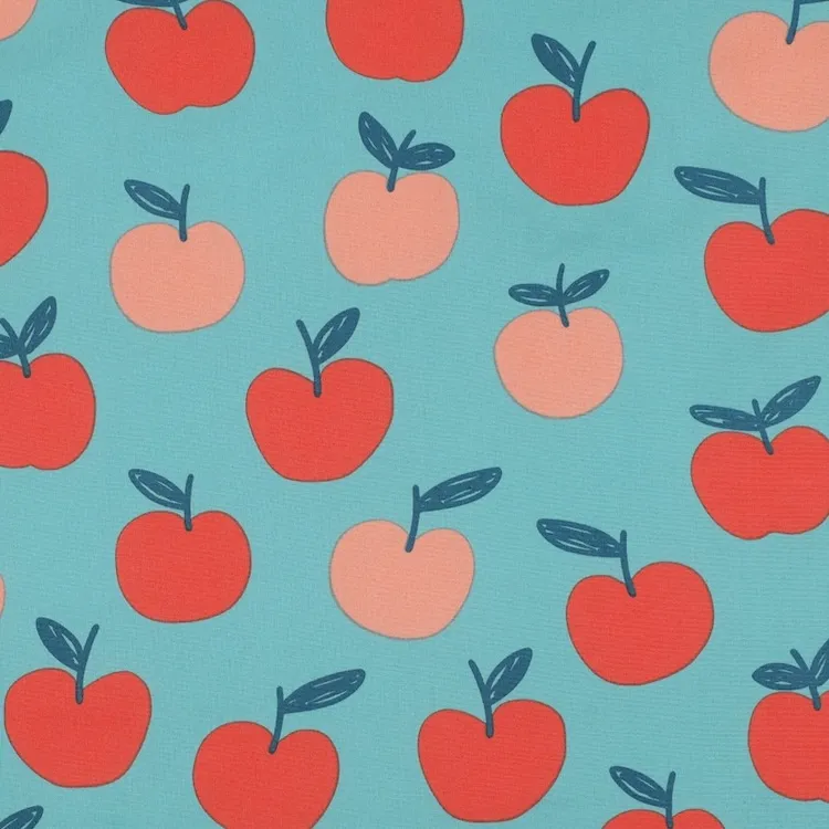 Cotton Poplin Fabric with Apples on Sage Blue