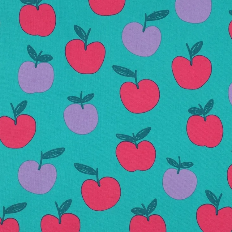 Cotton Poplin Fabric with Apples on Jade Green
