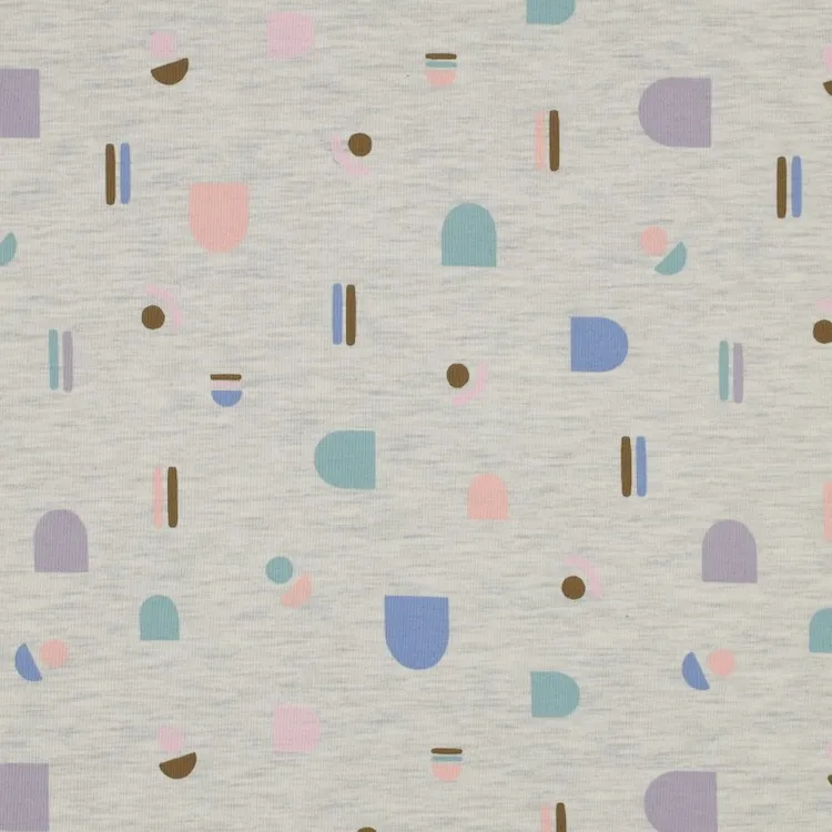 Cotton Blend Jersey Fabric in Light Grey Melange with Abstract Pastel Shapes