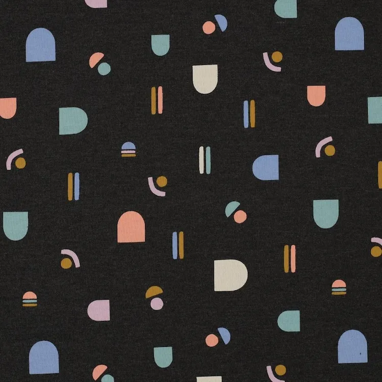 Cotton Blend Jersey Fabric in Dark Grey Melange with Abstract Pastel Shapes