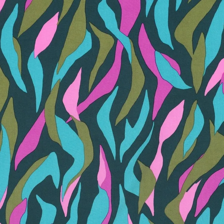 Ecovero Viscose Fabric with Abstract Leaves in Green and Purple Hues