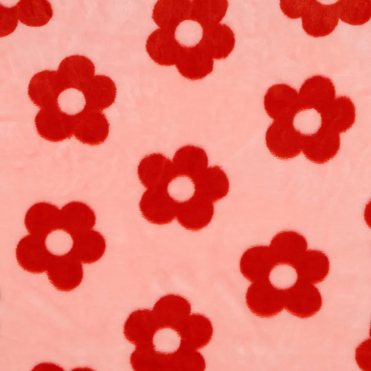 Super Soft Plush Fleece Fabric with Red Flowers on Pink 
