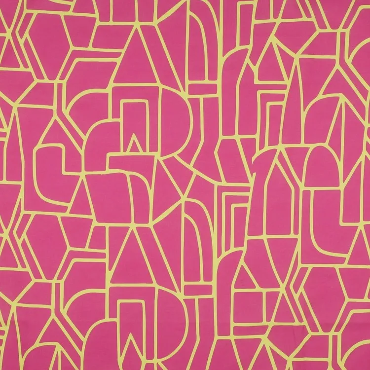 Cotton Voile Fabric with Abstract Yellow Lines in Bright Pink - Town by Nerida Hansen