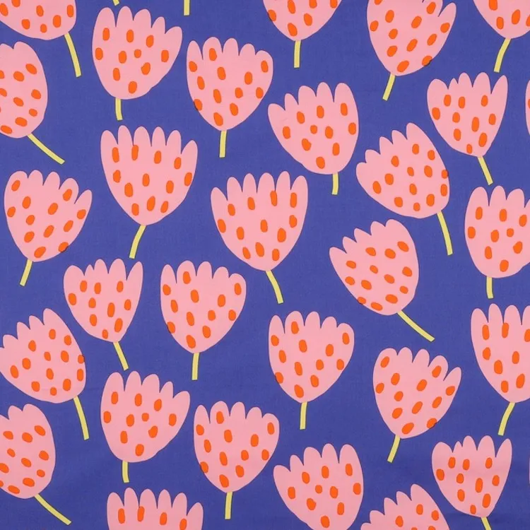 Fine Cotton Poplin witth Modern Tulips on Blue by Nerida Hansen