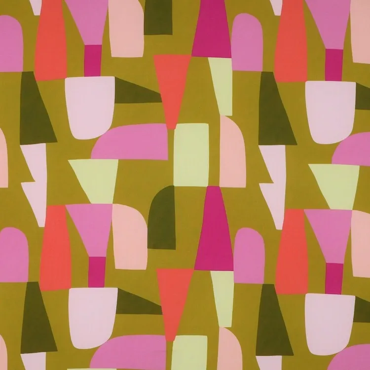 Ecovero Viscose Fabric with Abstract Colourful Shapes on Green - Shapeshifter by Nerida Hansen