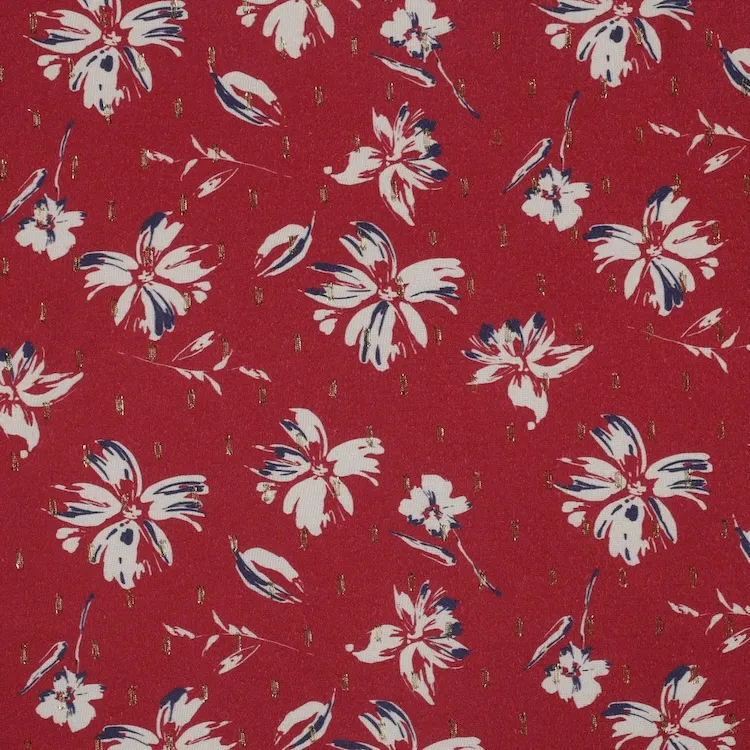 Viscose Fabric with Floral on Deep Red with Lurex Accents