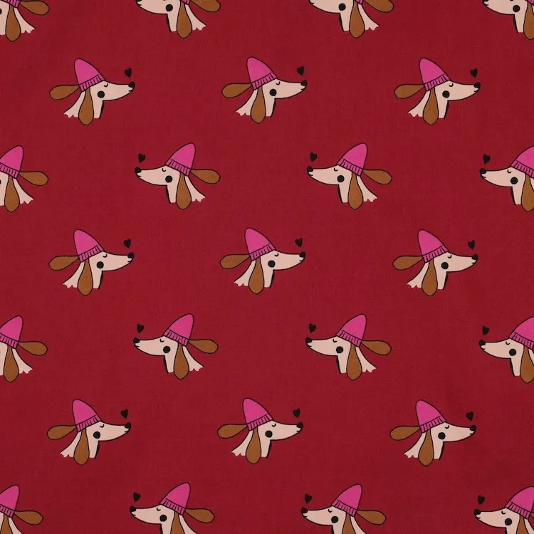Cotton Poplin Fabric with Dog with Hat on Red