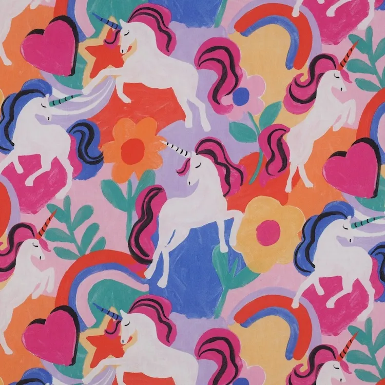 Fine Cotton Poplin Fabrics with Unicorns on Multi Coloured Flowers